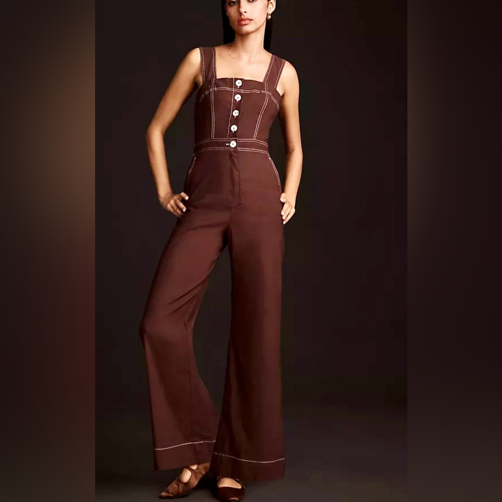 Maeve Brown Wide-Leg Jumpsuit with Contrast Stitching